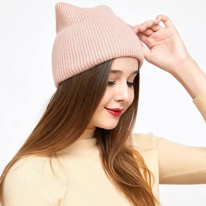 FYB beanie manufacturer custom logo blank acrylic knit beanie with ears cute cat ear beanie women