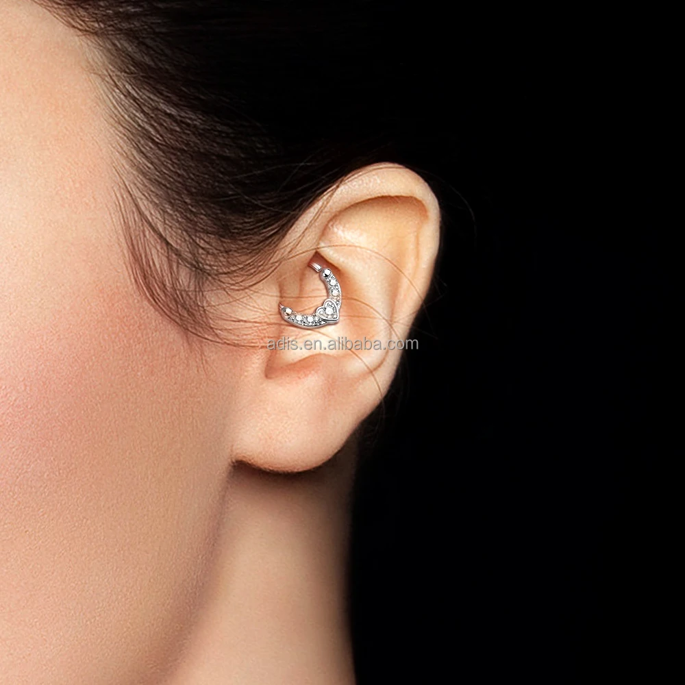 Fashion Glued Gem Surgical Piercing Jewelry Women Nose Ring Heart Shape Stainless Steel Septum Clicke Earring