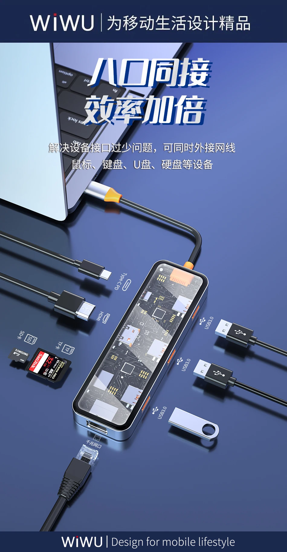 WiWU New Arrival Mini 8 in 1 Type C Hub with Zinc Alloy Space Gray High Speed USB C Hub for Data Transmission Charging