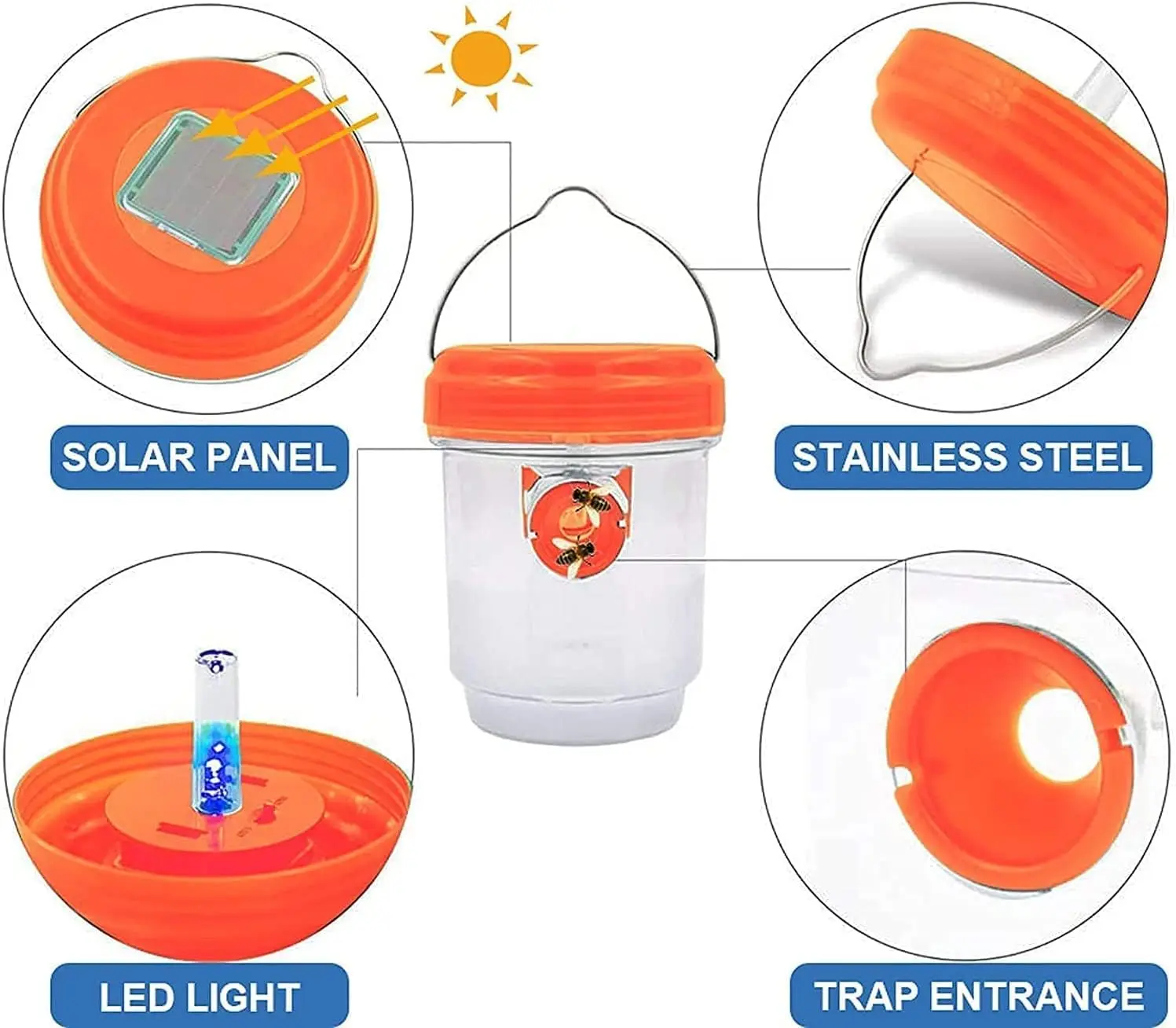 Reusable Wasp Catcher Trap with Solar Power UV LED Light Hanging Wasp Killer for Outdoor Yellow Jackets