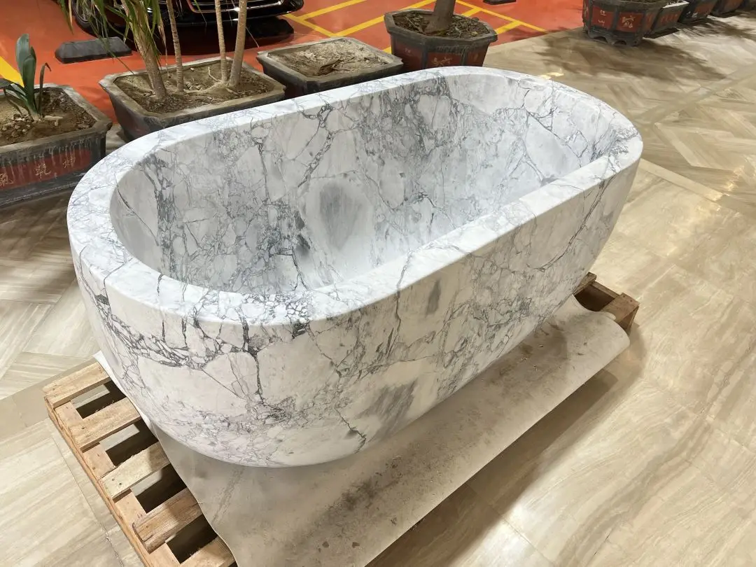 European Style Natural Stone Indoor Carrara White Oval Marble Bathtub