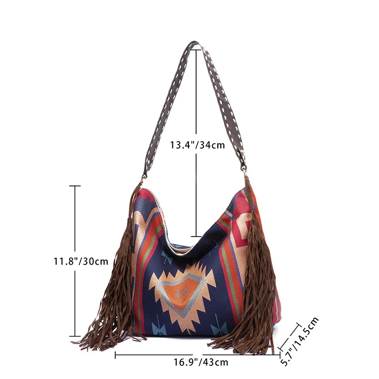 Vintage Handmade Faux Suede Leather Fringe Tassel Hobo Large Women Cross Body Cotton Linen Shoulder Messenger Bag
