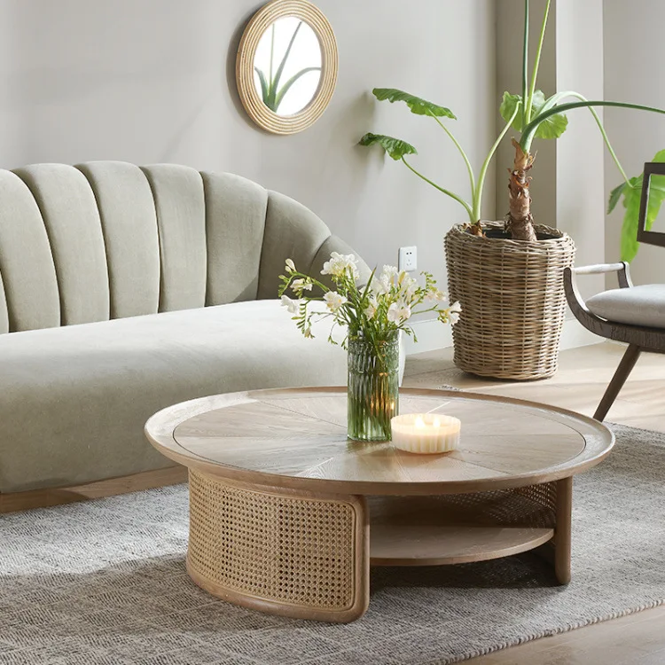 Newest Design Japanese Living Room Round Coffee Table With Storage Solid Wood Frame Rattan Tea Table