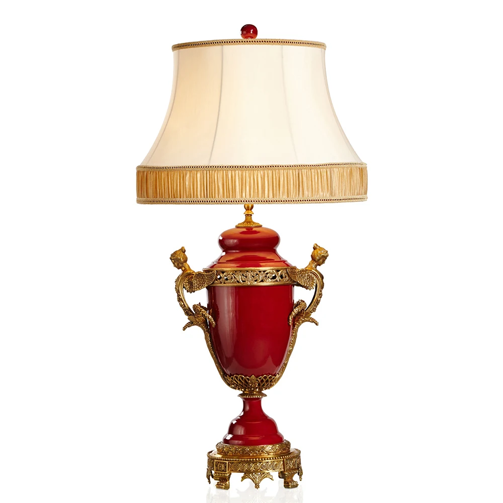 Royal Regency Style Gilt Bronze Winged Angel Mounted Ruby Red Porcelain Table Lamp with Classic Bell Lampshade