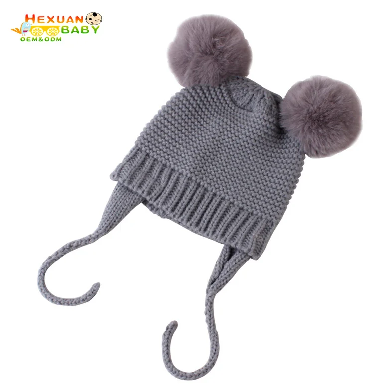 Wholesale Custom Fashion Winter Pure Cashmere Knitted Ear Flap Beanie Hat Cute Kids Baby Pom