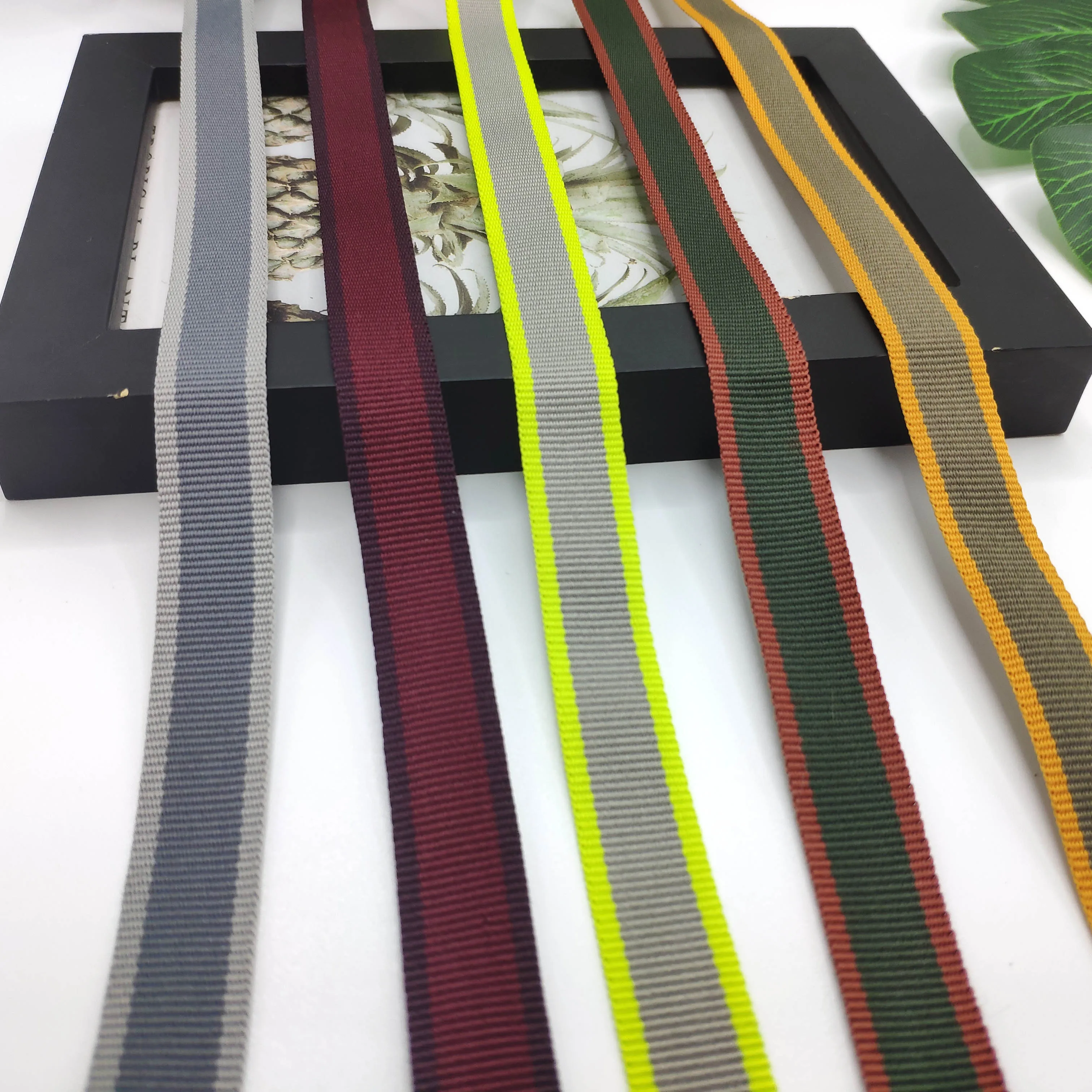 Manufacturer Custom Durable Inter Color Jacquard Ribbon Webbing Transverse stripe Polyester Width 16 mm Backpack Clothes Decor