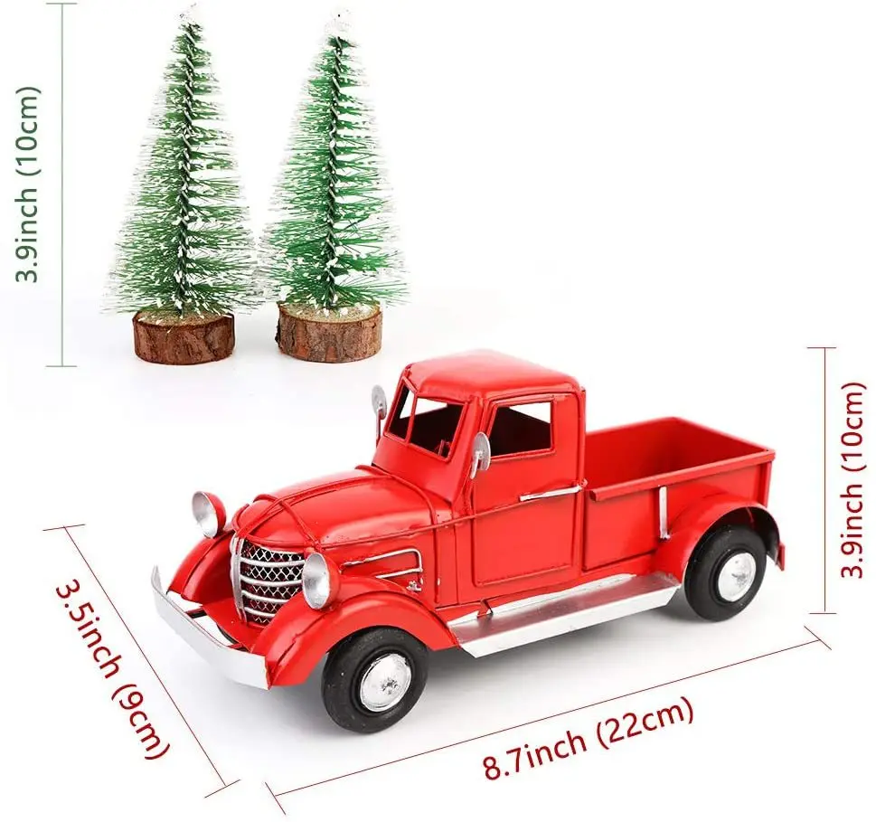 Xmas Metal Crafts Kid Toy Navidad Vintage Christmas Red Metal Truck With Christmas Tree Decoration