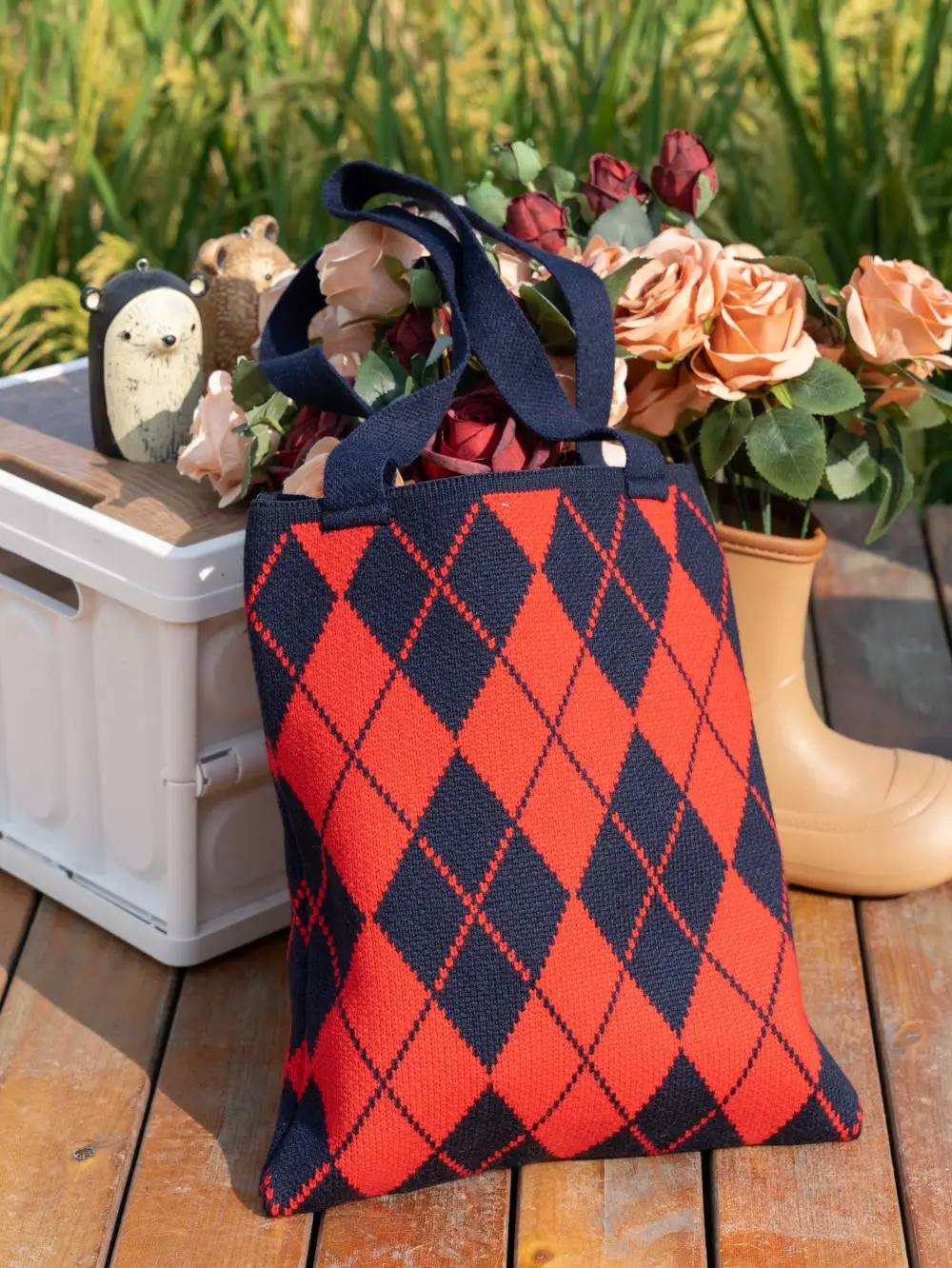 Japanese Quilted Rhombus Lattice Pattern Knitted Women Shoulder Bag Crochet Wool Korean Fashion Tote Shopping Bag