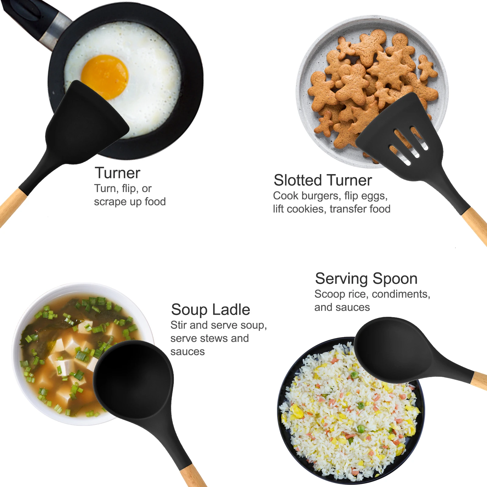 24PCS Kitchen Utensils Set, 2024 Cookware Wooden Handle Silicone Turner Tongs Spatula Spoon With Bucket