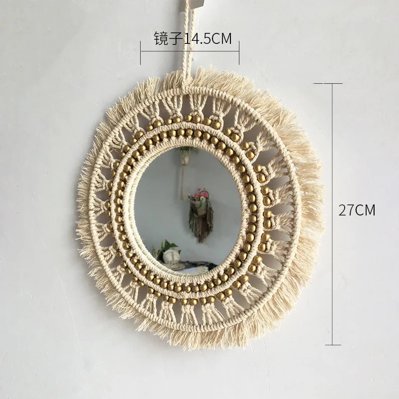 Handwoven Macrame Fringe Cotton Hanging Round Mirror Home Decoration Christmas Gift Boho with Beads