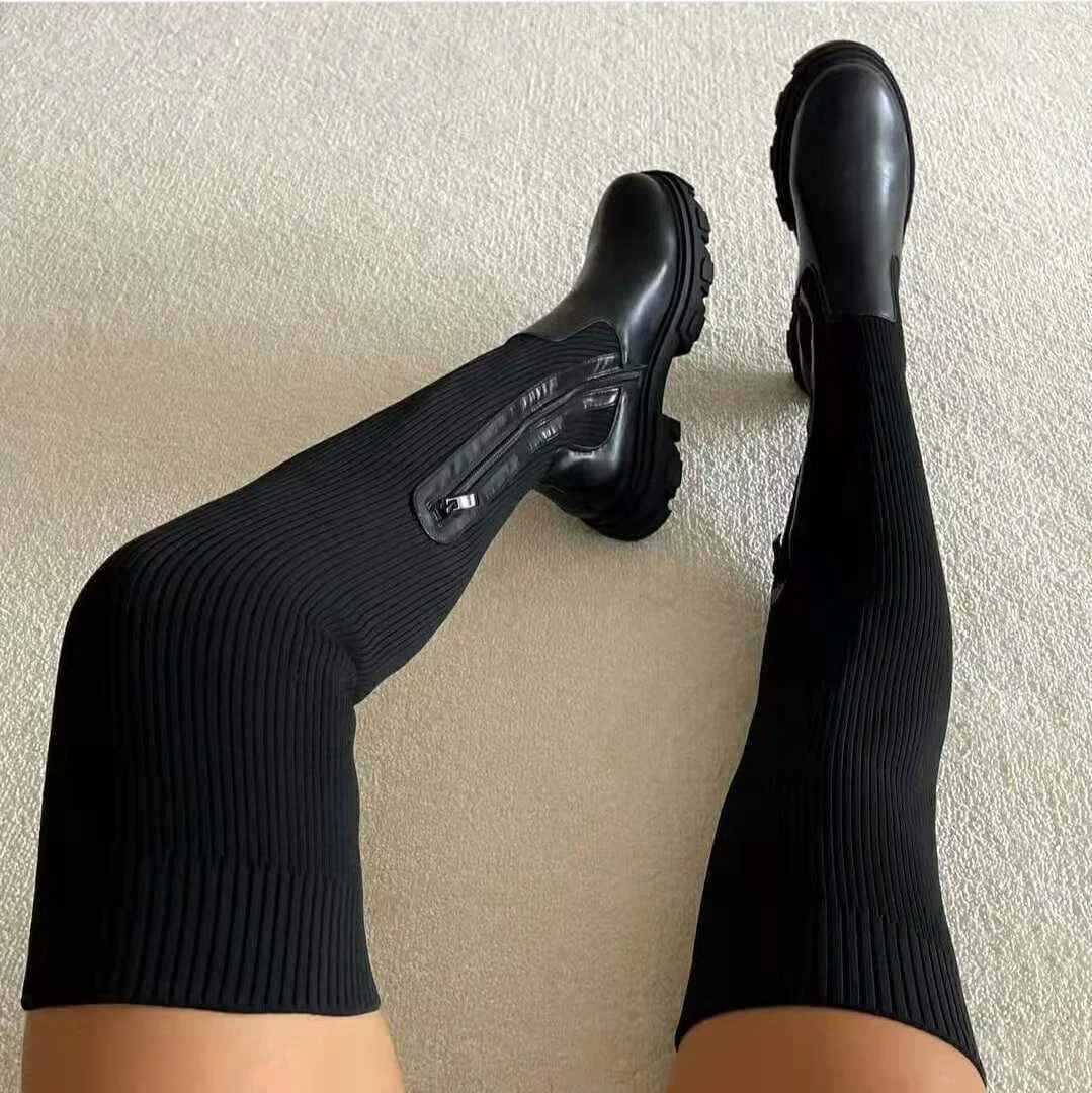 Black Flat Knitted Chunky Thigh High Boots Beige Stretch Over The Knee