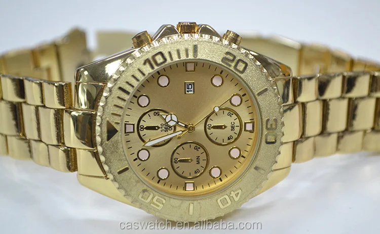 Custom Logo Luxury Gold Plate Movable Sand Bezel Steel Buckle With Calendar Chronograph Watches Men Wrist