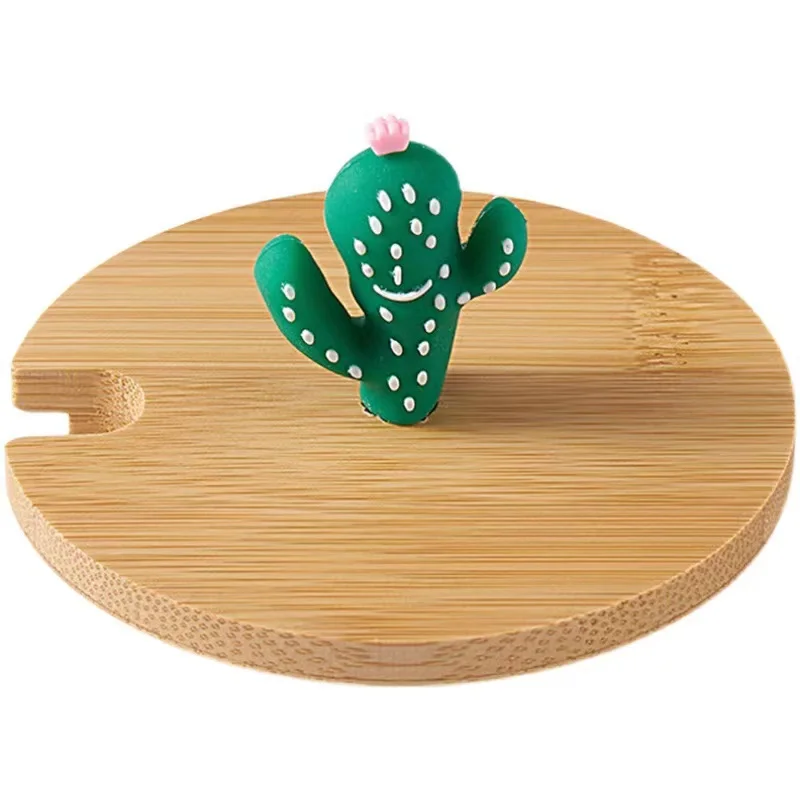 Top Selling Universal Popular Mug lid Mason Jar With Bamboo Lid Glass Ceramic Dust Cover Round Wood Lid With Cute image