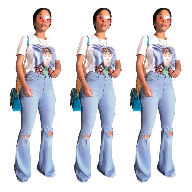 MD621174 Women Latest Fashion High Stretch Mid Waist Jeans Hole Design Denim Flare Pants for Woman Clothing