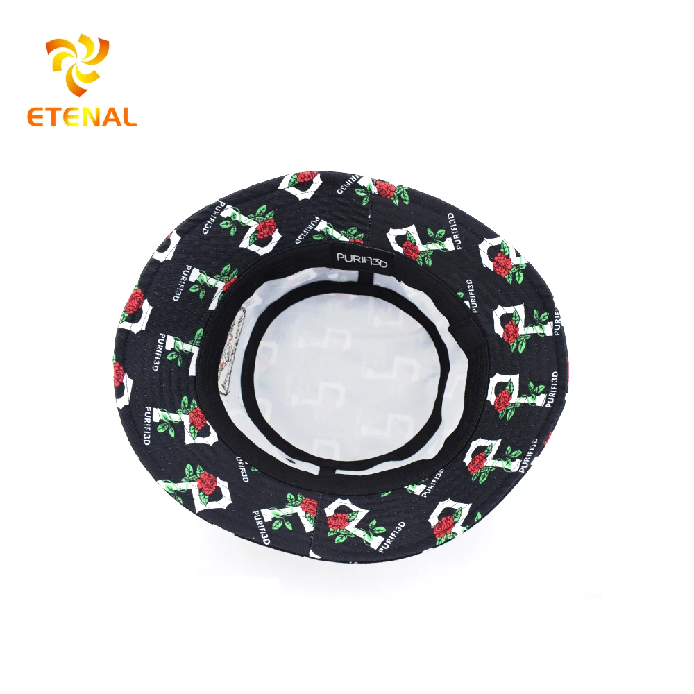 Reversible Custom Logo Allover Printed and Embroidered Cotton Fisherman Bucket Hat With Private Brand Label