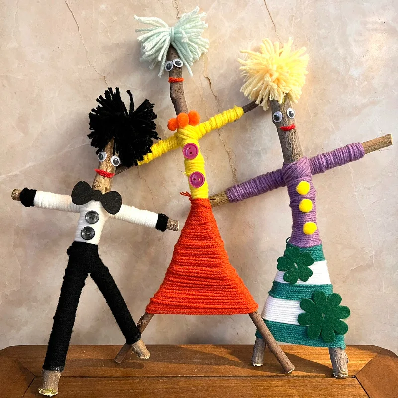 Funny diy kids other educational toys woolen yarn doll ,DIY wooden branch doll set ,creative gift