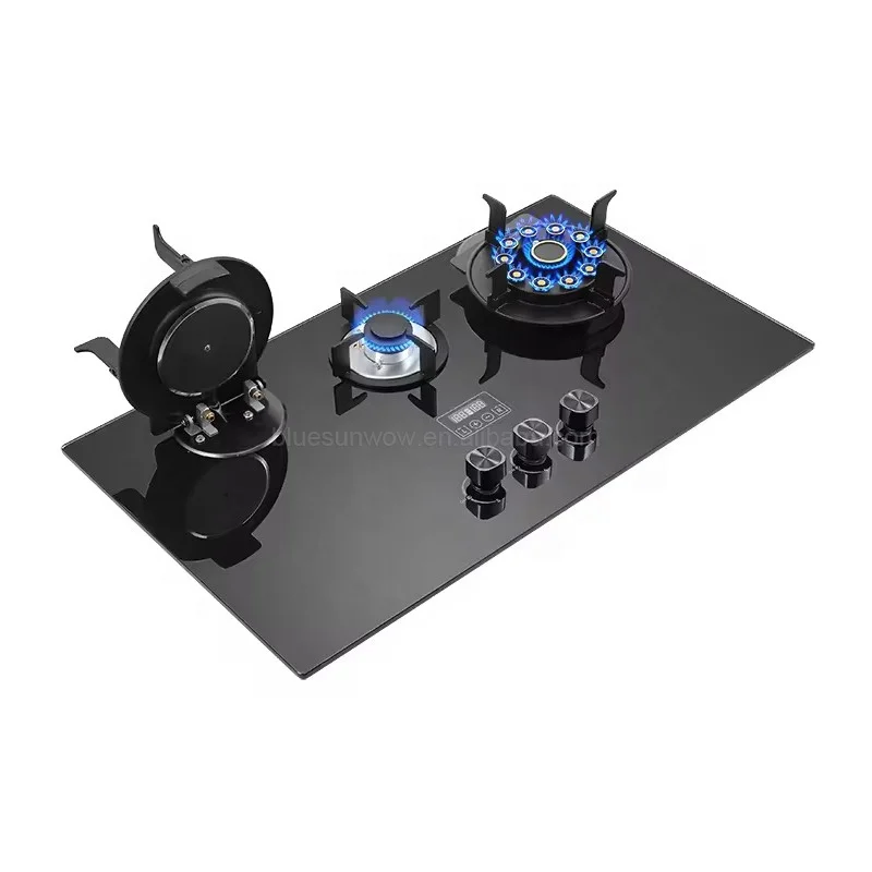 New Design Flip Burner Tempered Glass Built In Gas Hob Timed Intelligent Flameout 3 Burner Gas Cooker Stove Blue Fire Gas Stoves
