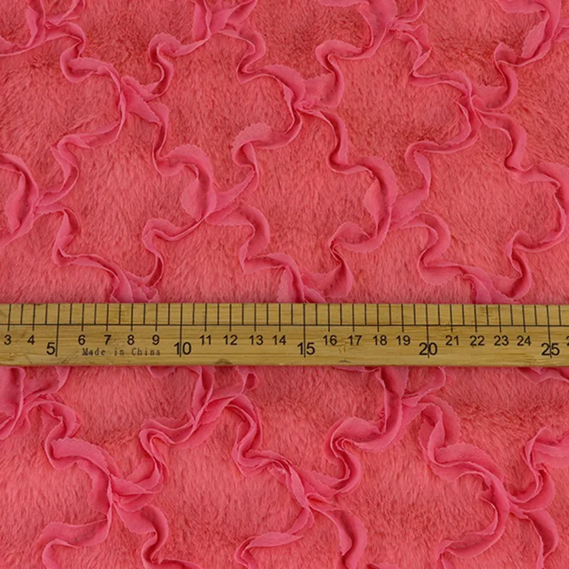 Soft Solid Bright Color Plush Rabbit Faux Fur With Embroidered Ribbon Pattern Fabric For Fashion Garment
