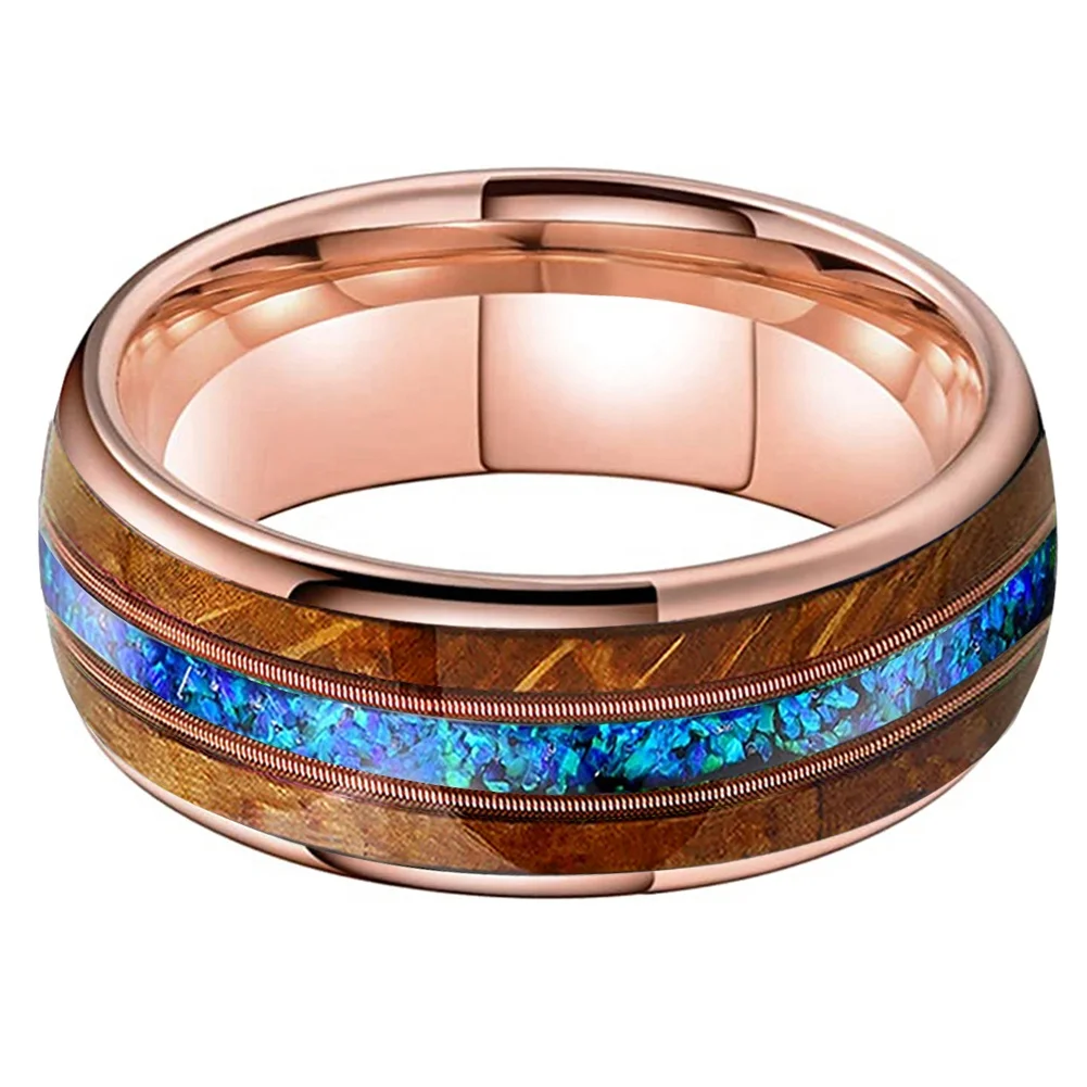 Coolstyle Jewelry 8mm Whisky Wood Guitar String Blue Opal Inlay Rose Gold Tungsten Ring for Men Women Engagement Wedding Band