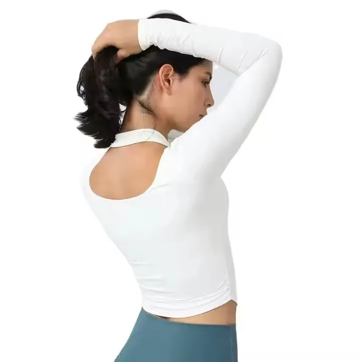 The New Yoga Clothes with Chest Pad Female Running Sports Tight T -Shirt Long -Sleeved Hanging Neck Fitness Clothes Top