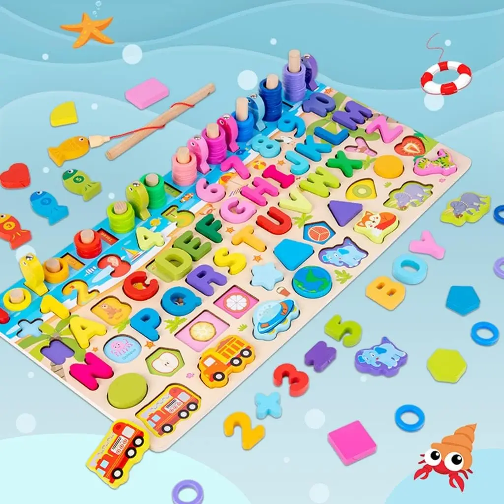 Wooden Magnetic Fishing Game Toddlers Fine Motor Skill Toy Preschool Classroom Learning ABC and Math Educational Toys