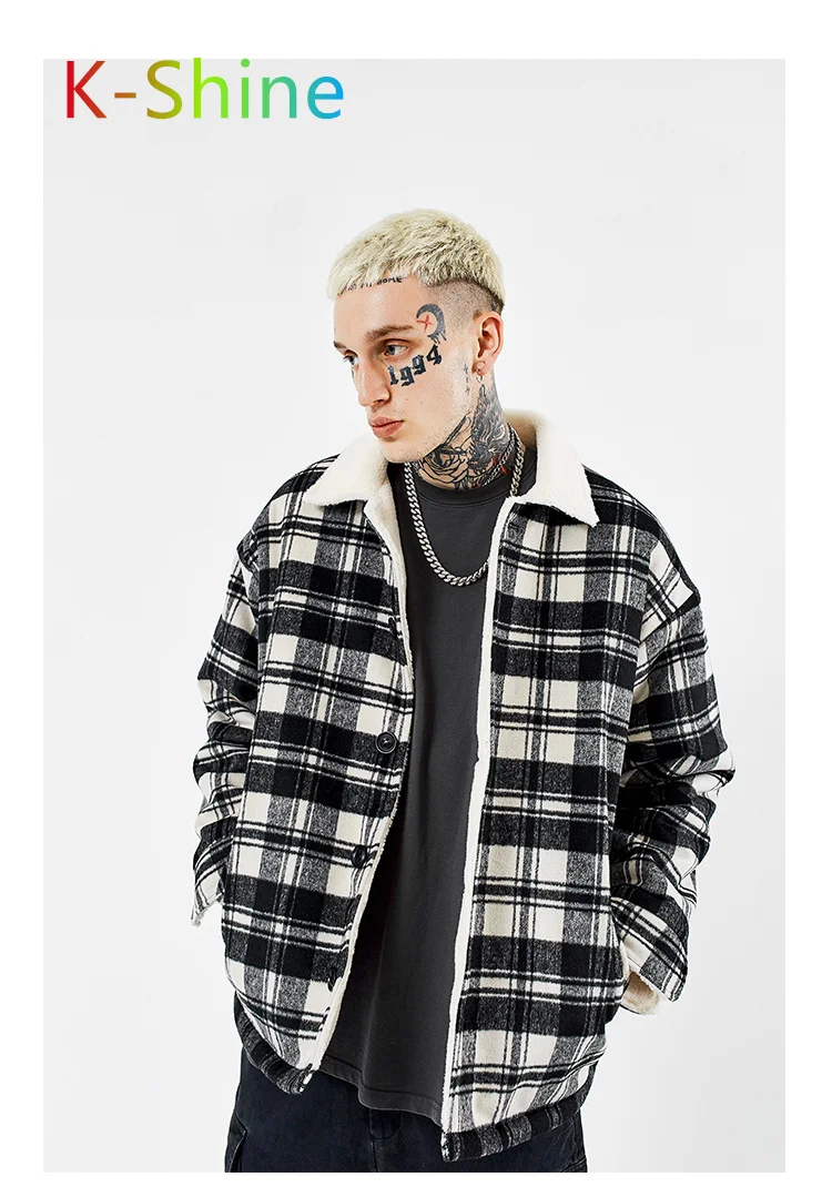2021Fashion brand plaid pattern lambkin thick cotton jacket jacket long sleeves black and white plaid men autumn winte