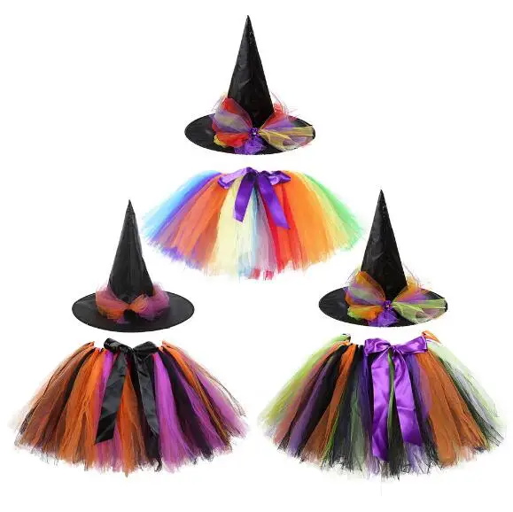 ecoparty  Girls Halloween Tutu Skirts Baby Ballet Tulle Pettiskirts with Witch Hat Broomsticks Kids Cosplay Party Costumes Cloth