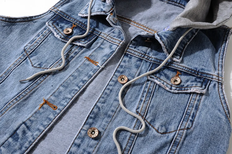 wholesale plus size custom slim short style cotton single buttons turn down collar hooded women sleeveless jacket denim vest