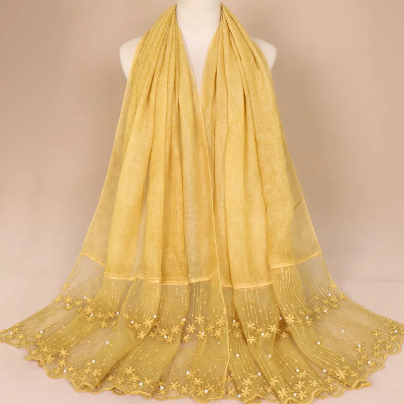 CPC Hot Sale Designs Tie Dyeing Plain Cotton Headscarf Muffler Muslin Hijab Lace Embroidery Scarf Women