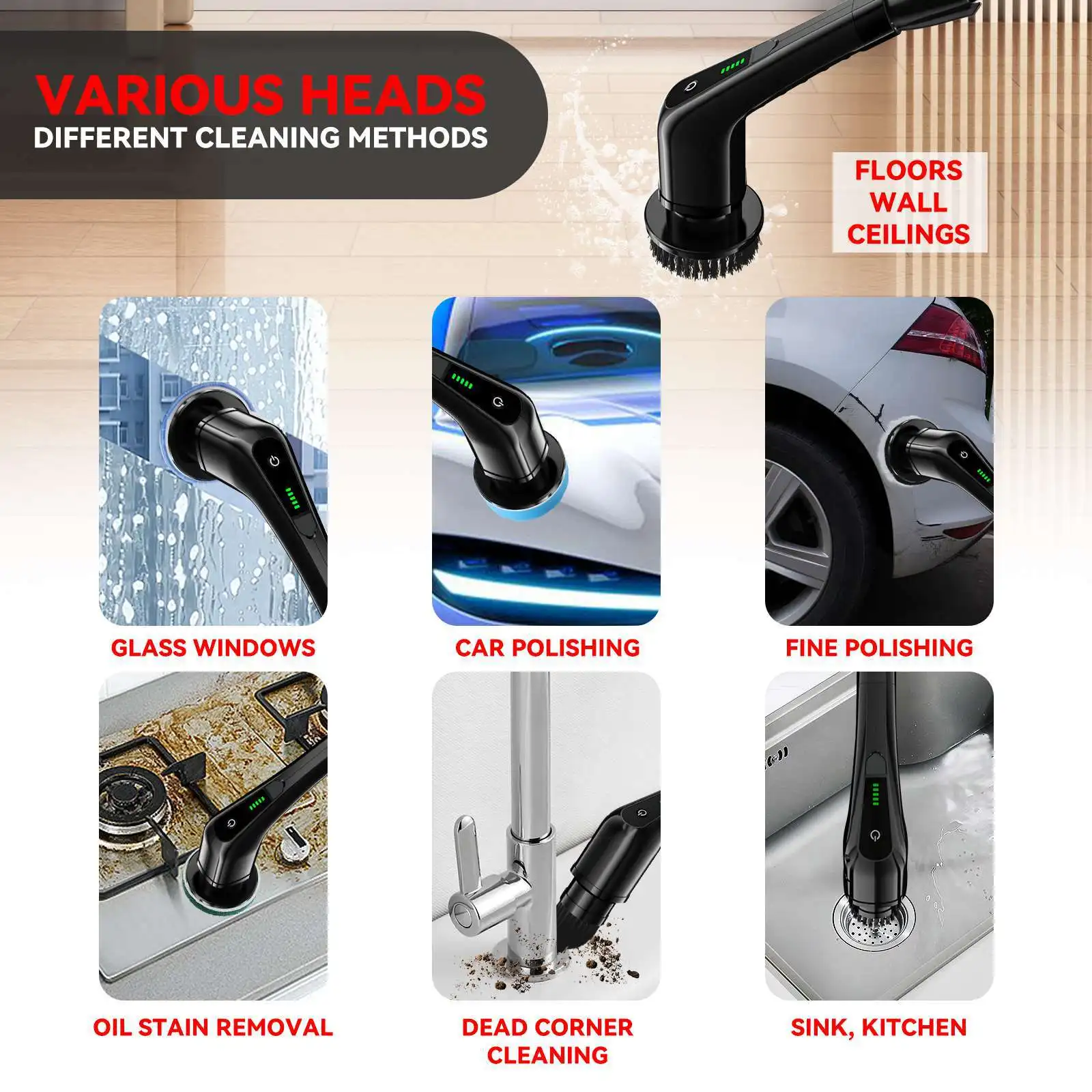 Electric Spin Scrubber 2 Speeds Cordless Power Spinning Cordless Scrubber Power Bathroom Scrubber with 7 Cleaning Brush Heads