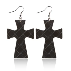 Exotic Cross Earrings Women Lychee Pattern Cork Wood Plaid Weave Pattern Leather Earrings