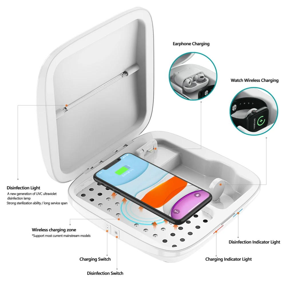 4 in 1 Multifunctional Wireless Charging customized Portable UV Sterilization Box Case UVC light Sterilizer Phone Cleaner
