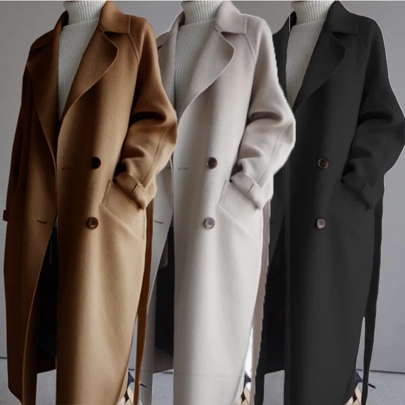 
Fashion Elegant Winter Tailored Collar Coat Belt Custom Warm Wool Long Trench Coat For Women 