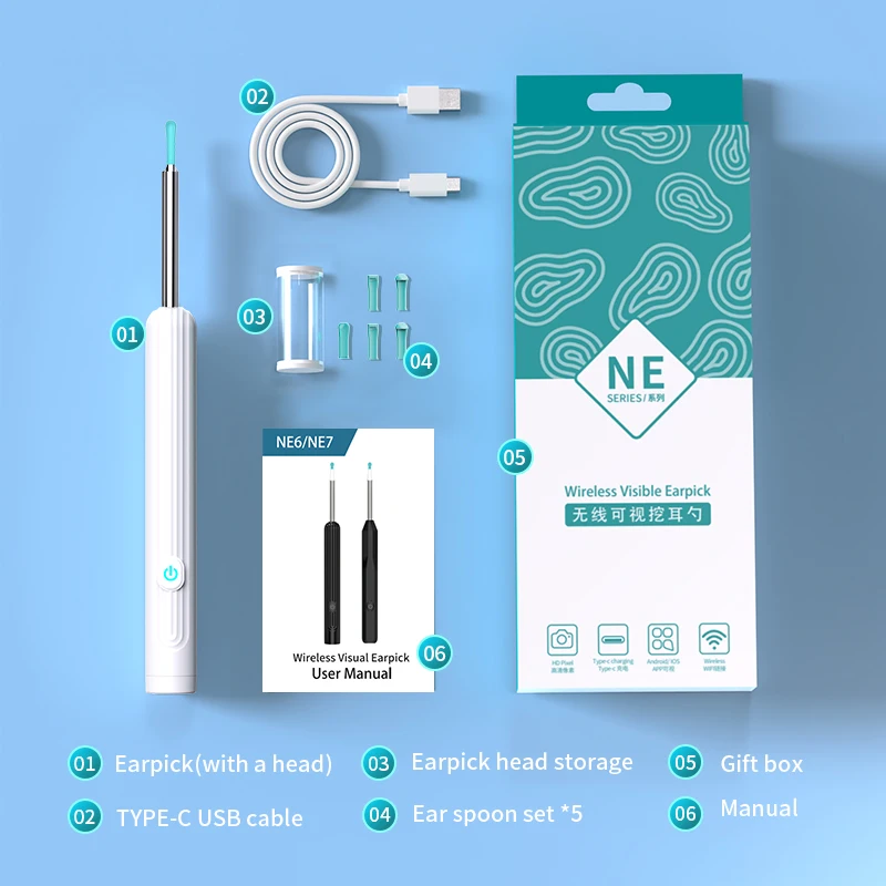 Wireless Wi-fi Visual Ear Cleaner Otoscope Ear Wax Ear Spoon Removal Sticks Endoscope with Camera Tool Kit