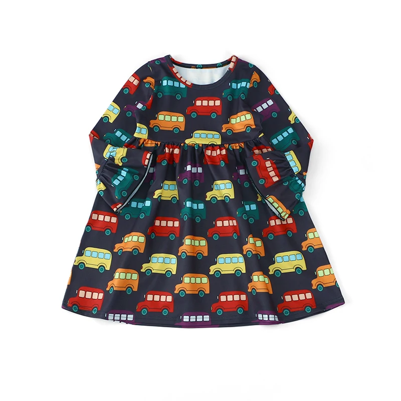 A1-LYQ-2104023 Customized Cartoon Cars Full Printed girl baby frocks party wear