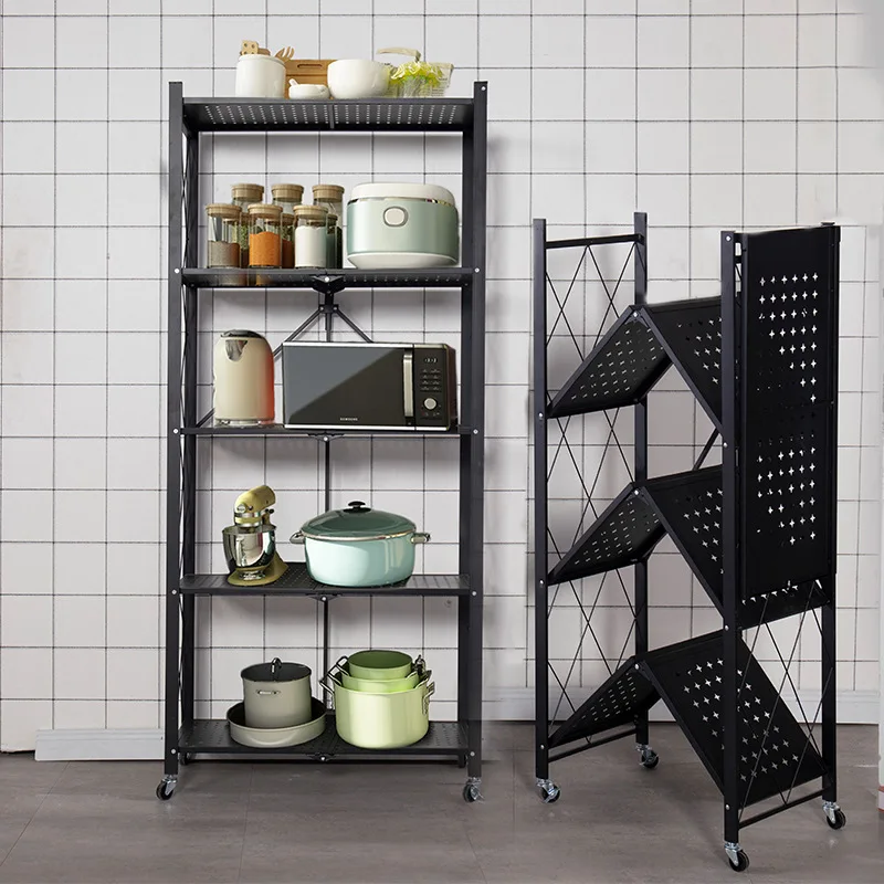 Folding storage rack installation-free multifunctional kitchen microwave oven layered storage rack carbon steel