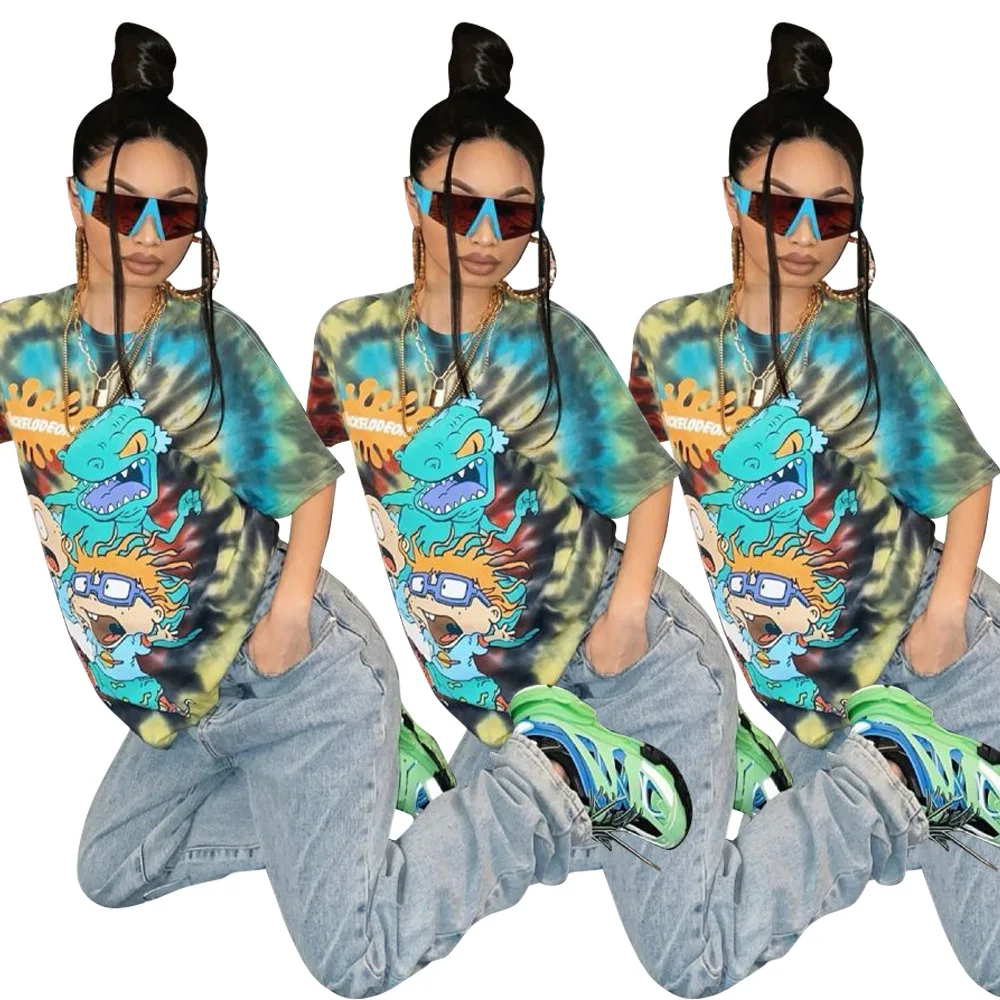 
Street Style Women Fashion Anime Print Green T-shirt Short Sleeves Casual Loose Blouse Top for Girls Students Cool T-Shirt 