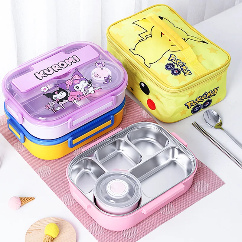 YE697  Kuromi 304 Stainless steel insulated lunch box with soup bowl cartoon student lunch box four  lattice five lattice bento