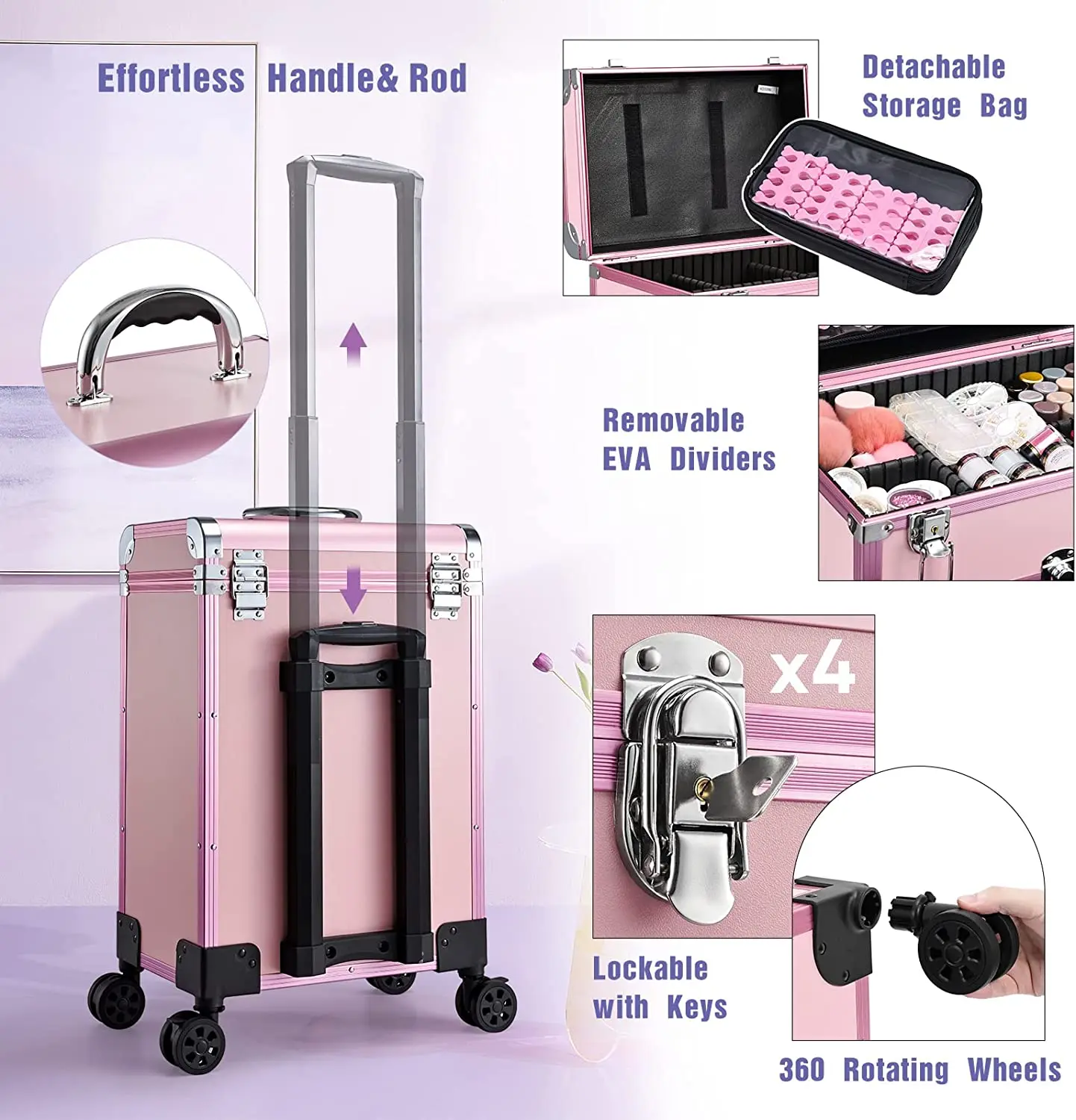 Professional Rolling Makeup Train Case with Drawers, Large Cosmetic Trolley with Locks, Cosmetics Storage Organizer Make up Case