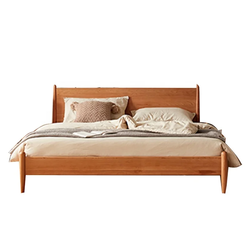 Cherry Solid Wood Simple Queen Bed Japanese Style White Oak Double King Bed with USB Interface