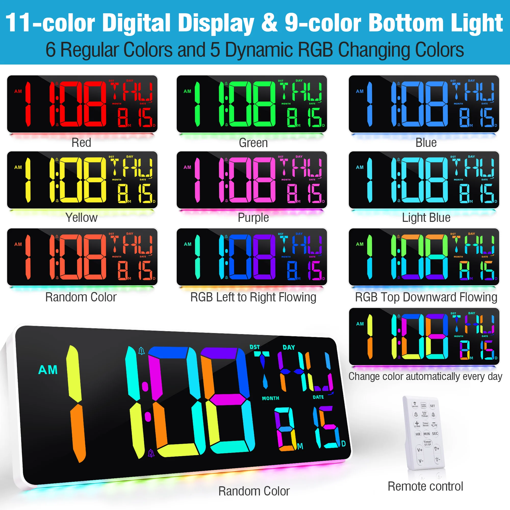 13.7-inch Large Electronic Alarm Clock with 9 Colors Base Light Digital Wall Clock with 2 Alarms Color Change Digital Clock