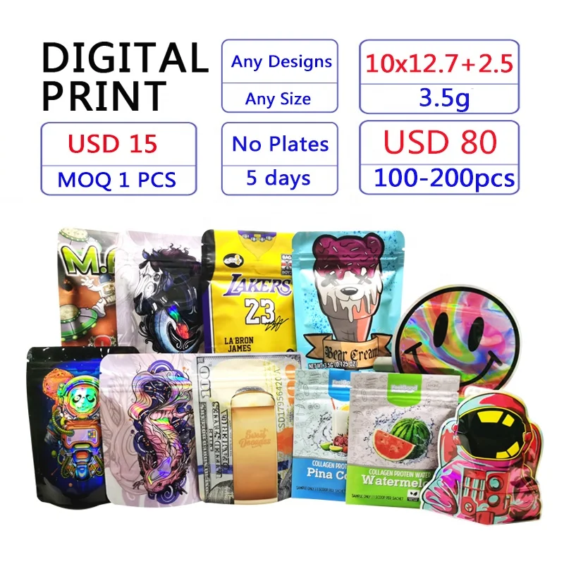 Digital Printing MOQ 1-200 pcs USD 15-80 For 3.5g Customized your design 10.2x12.7cm Smell Proof Mylar Zipper Bags Sample pouch