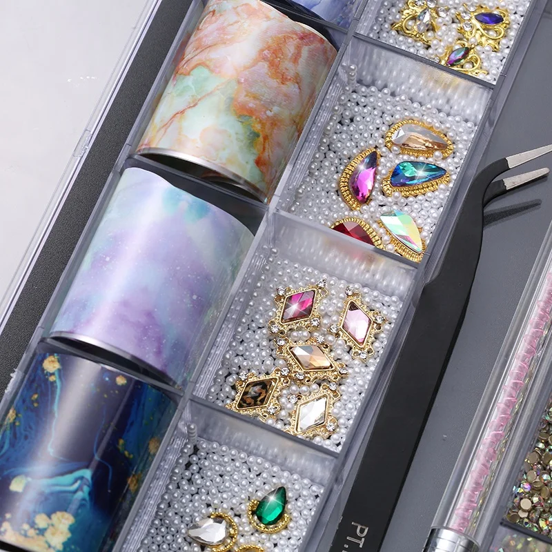 New Design Nail Art Rhinestone Sticker Transfer Foil Decals Diamond Rhinestone Box Jewelry Set Bow 3D Metal DIY Nail Art