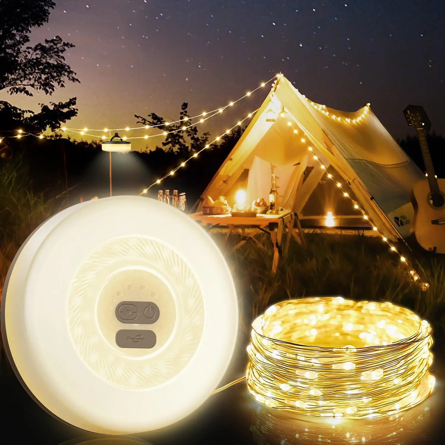 TSINYE Camping String Lights 33FT 2 in 1 USB Rechargeable Christmas Fairy Lights 7 Modes IPX4 Waterproof  Camping Lantern