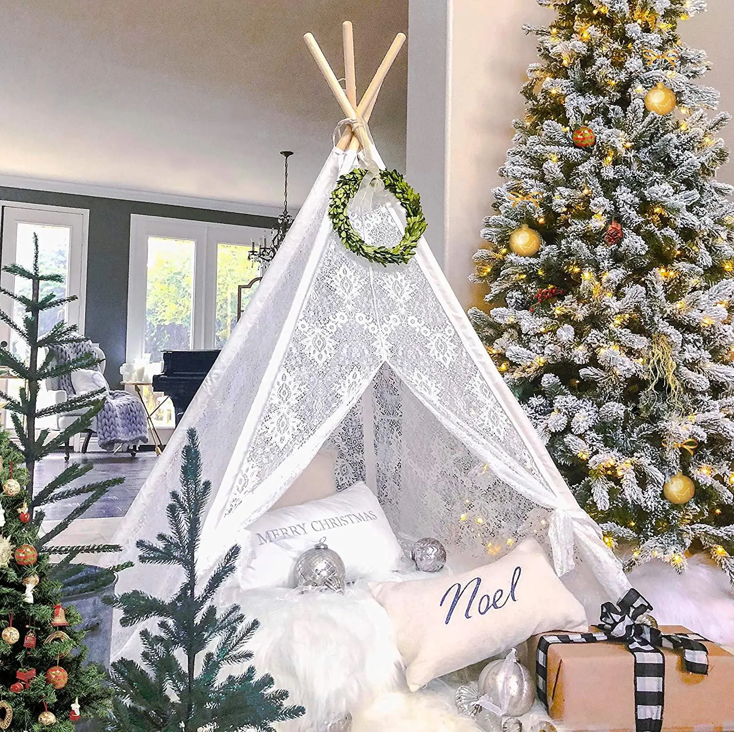 Kids Teepee Tent Lace Toy Tent Indoor&Outdoor Children Playhouse Luxury Lace Tent for Wedding Party Photo Prop Lace Canopy