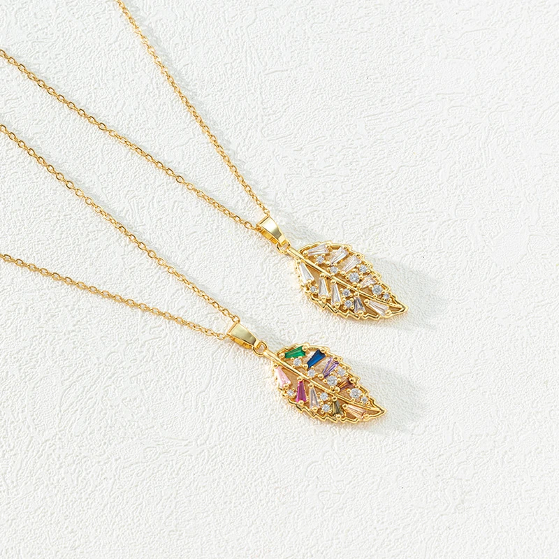 Cheap Price Copper Zircon Necklace Colored Leaf Pendant 18k Gold Plated Clavicle Chain Collar Necklace
