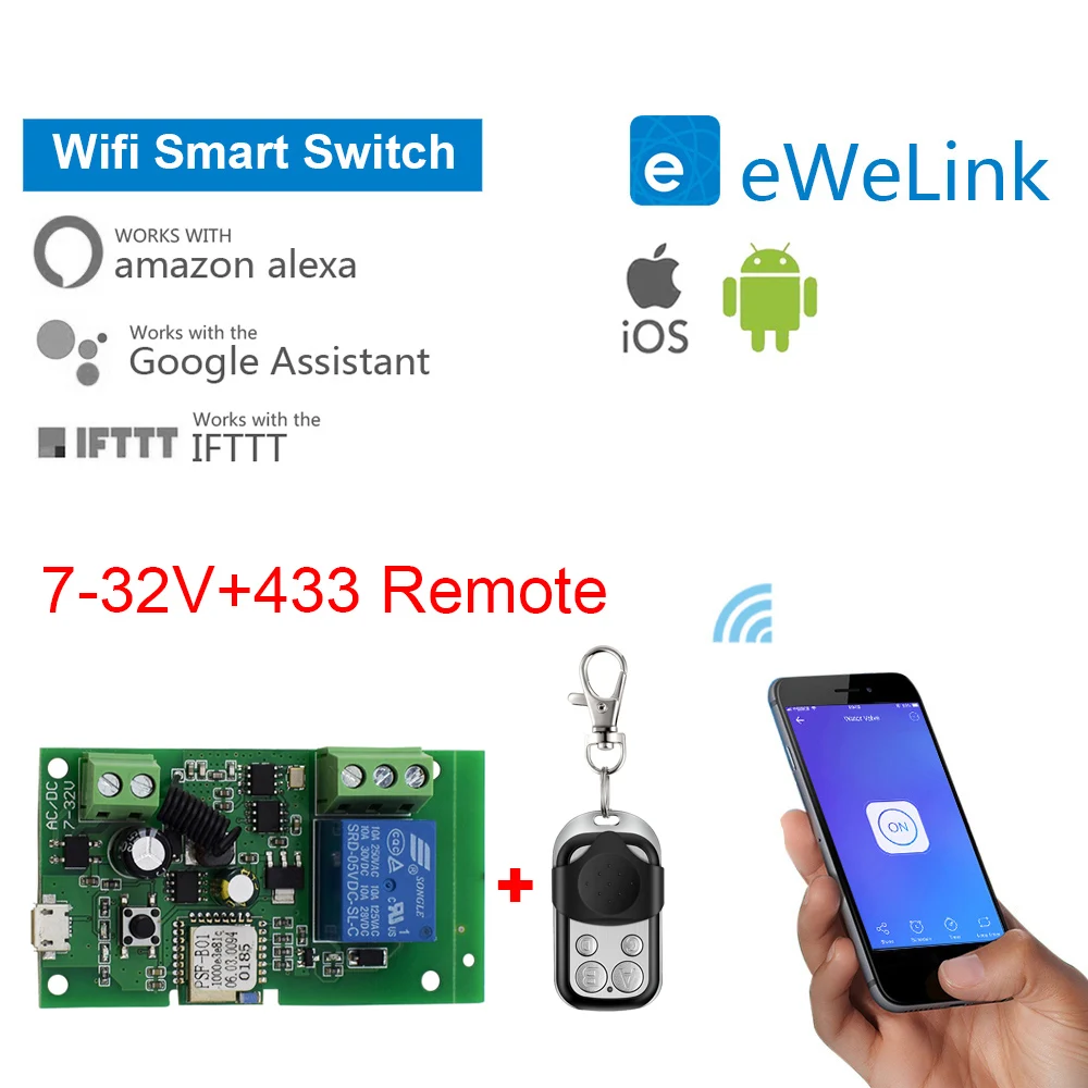eWeLink Smart DC 5-32V Wifi Wireless Switch Intelligent Module inching mode RF 433 Remote Control Work with Alexa Google Home