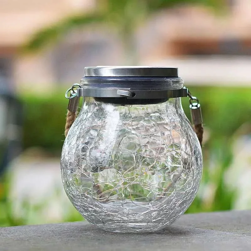  New product outdoor Solar Decoration charging Hemp Rope Crackle Bottle Glass Jar crack lamp for Eaves