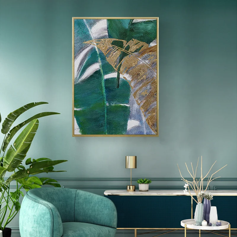 Large Size 100% Hand Painted Canvas Wall Painting Gold Foil Banana Leaf Abstract Scenery Acrylic Brushes Oil