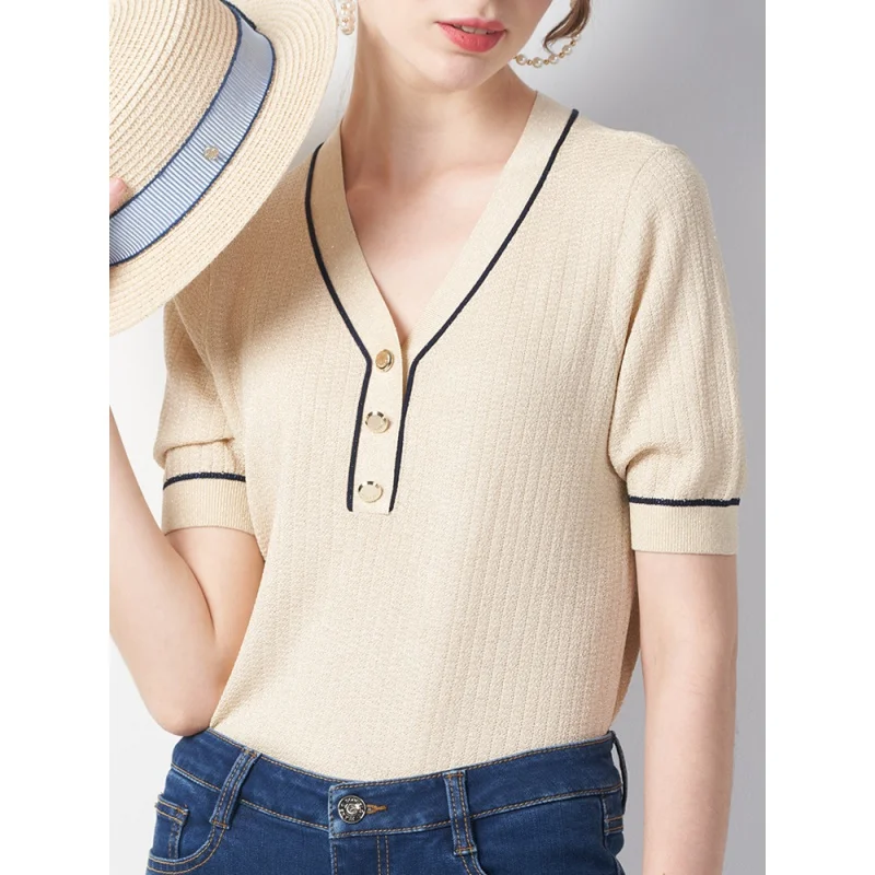 2021 Spring V-neck women sweater pullover knit shortleeve sweater